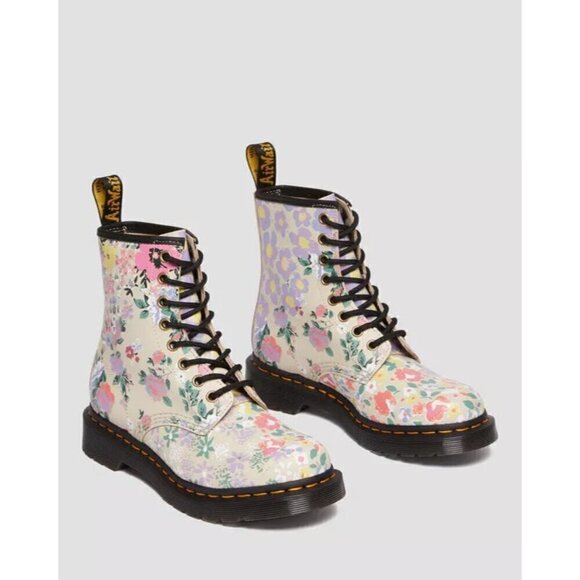 DR. MARTENS 1460 Floral Mash Up Leather Lace Up Boots Parchment Beige Backhand - Picture 1 of 10